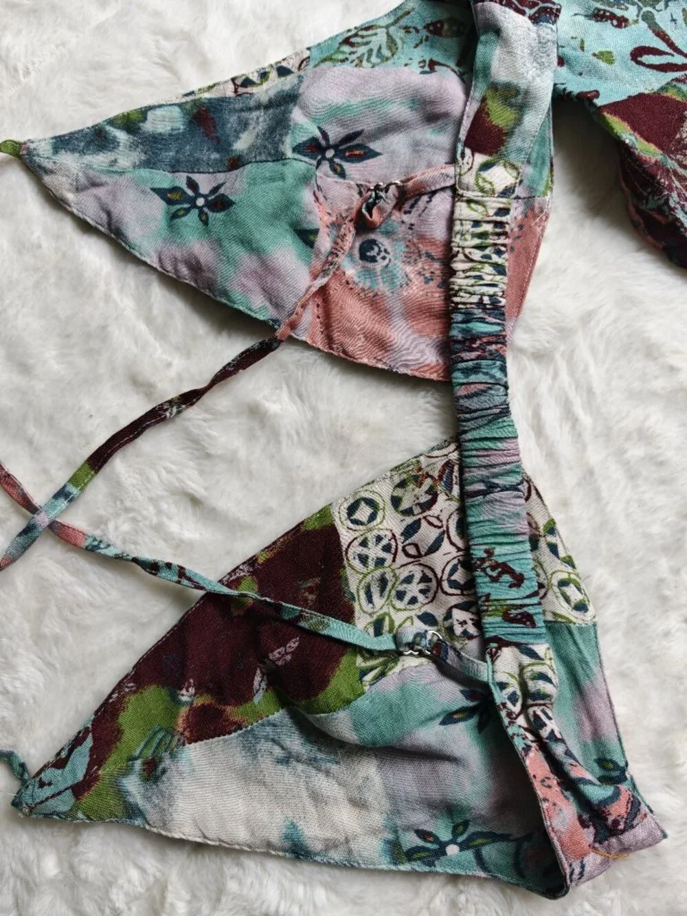 Free People 3 Piece Patchwork Linen Blend Set S Boho Kimono Shorts Bralette Fest